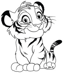 Black and white drawing of a smiling tiger cub