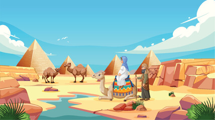 Colorful illustration of camels near Egyptian pyramids.