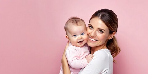 Portrait of happy young mother with her cute baby on pink background, copy space