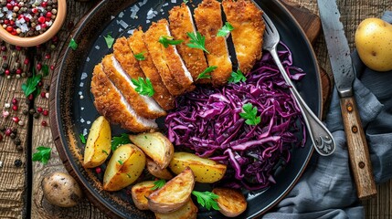 Crispy breaded fried cutlet with baked potatoes and cooked red cabbage on wooden table