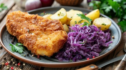 Crispy breaded fried cutlet with baked potatoes and cooked red cabbage on wooden table - obrazy, fototapety, plakaty