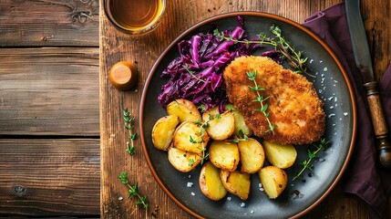 Crispy breaded fried cutlet with baked potatoes and cooked red cabbage on wooden table - obrazy, fototapety, plakaty