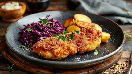 Crispy breaded fried cutlet with baked potatoes and cooked red cabbage on wooden table