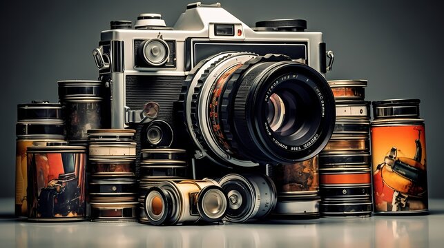 A retro camera surrounded by film rolls, celebrating the art of photography.