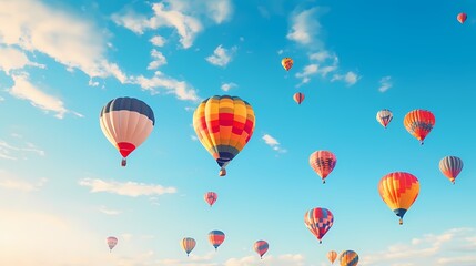 Naklejka premium A row of colorful hot air balloons against a clear sky, symbolizing adventure and freedom.