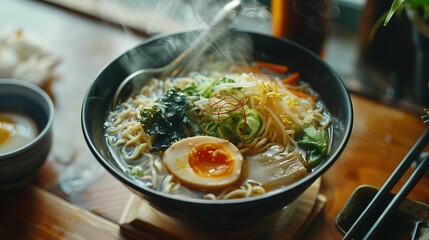Delicious vegetarian ramen served on wooden table. Noodle soup - obrazy, fototapety, plakaty