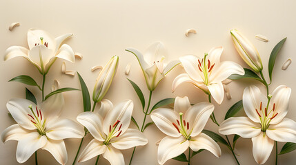 A white Lily background with leaves and petals, a beautiful floral arrangement.