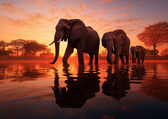 Fototapeta na wymiar A family of African elephants walks by the lake In the savannah, at sunset. World Elephant Day. Front view.