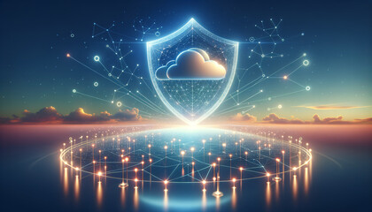 Abstract crystalline shield symbolizing insurtechs protection and security amidst glowing neon lines.