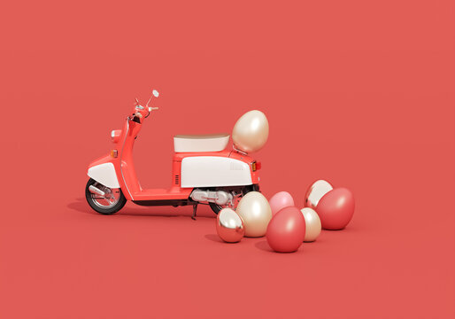 Red vintage scooter with gift box for Happy easter day, easter delivery with colorful egg. Easter egg on pastel red background. 3d render
