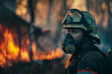female firefighter on the background of a burning cottage. profession is a lifeguard.