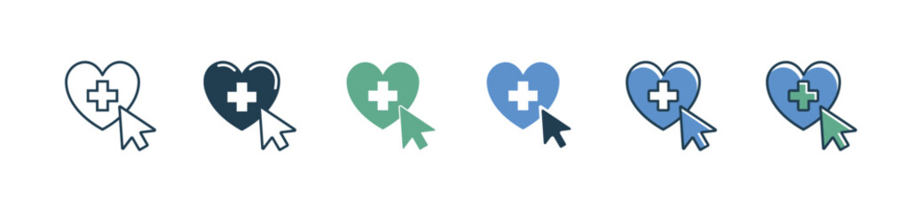 Obraz premium cursor pointing to love health care icon set with cross medical aid symbol support charity donation vector illustration