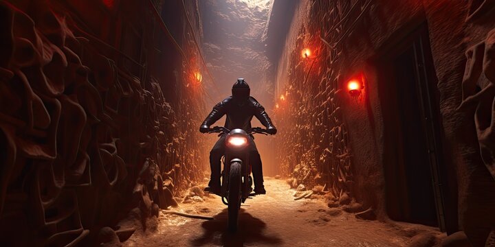 Navigating the winding path of the tunnel cave, the motorbike's headlights pierce the darkness, illuminating hidden wonders with each twist and turn