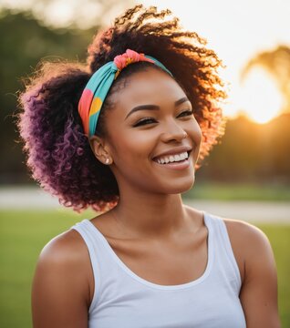 a woman with a colorful headband smiling at the camera 