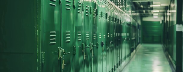 A line of verdant lockers positioned along a hallway.