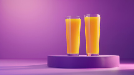 A glasses of fresh orange juice on a podium on a purple background. Yellow liquid in a glass glass.
