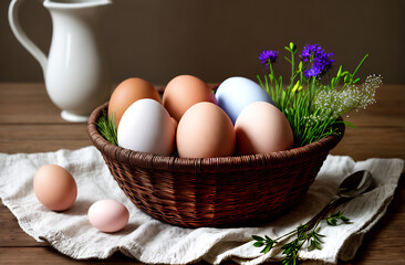 Natural easter setting on a wooden table. Organic eggs in a basket with fresh greenery and flowers. 