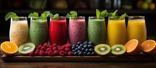 display of healthy fresh fruit and vegetable smoothies with various ingredients served on wooden...