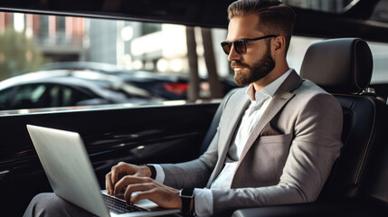 A handsome executive uses his laptop while enjoying the comfort of a luxury car. - obrazy, fototapety, plakaty