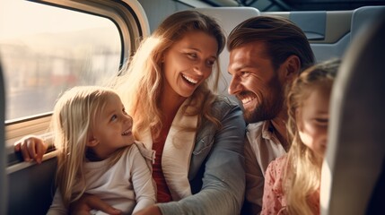 Smiling family on board a modern train, representing the essence of a family trip.