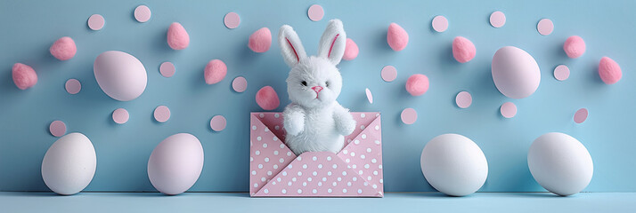 Easter eggs on a pink background, Easter day illustration banner background with eggs and bunny, 
