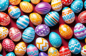Fototapeta na wymiar Top view of easter eggs. Bright vivid ornaments