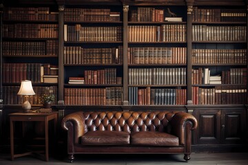 A rustic bookshelf in a cozy library, the leather-bound spines creating a blurred backdrop for...