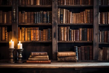 A rustic bookshelf in a cozy library, the leather-bound spines creating a blurred backdrop for creativity. - obrazy, fototapety, plakaty
