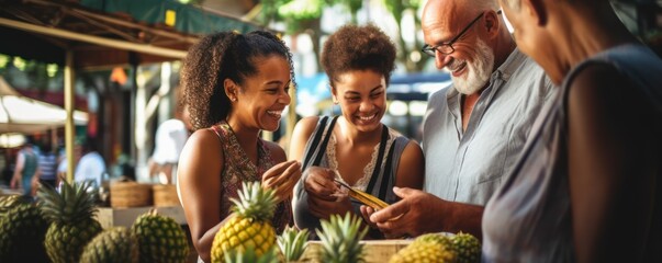 A Latina woman customer purchases two garlic bulbs and a pineapple. - obrazy, fototapety, plakaty