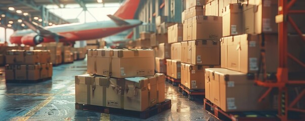 A cargo plane is being loaded with shipping boxes at an air freight logistic center, gearing up for airmail delivery. - obrazy, fototapety, plakaty