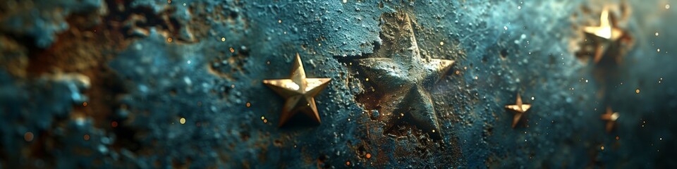 an old green blue metal wall with 3d stars on it