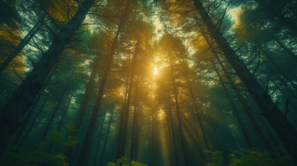 Green forest against sky.