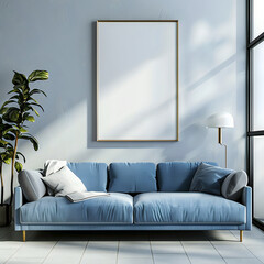 Minimalist Home Decor: Blank Frame on white wall and Room with Blue Sofa - Design Your Dream Space Today.Mockup frame