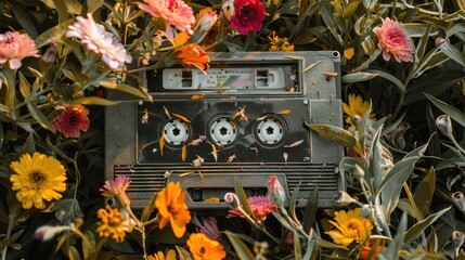 Old-fashioned cassette adorned with blossoms, reminiscent of retro musical aesthetics.