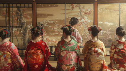 A group of geishas in vibrant kimonos facing a classic Japanese painting in a traditional tatami room. - obrazy, fototapety, plakaty