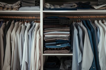 Well-organized closet showcasing neatly arranged clothes and accessories.