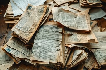 Large stack of assorted old newspapers in disarray.