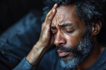A close-up portrait of a distressed African American man with eyes closed, showing expressions of anxiety, sadness, and emotional pain.