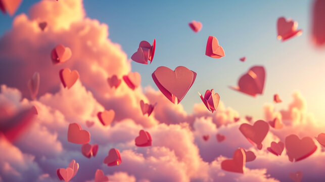 An image capturing the magic of a 3D world, with paper hearts delicately suspended in the air among billowing clouds, evoking a sense of romance and wonder.