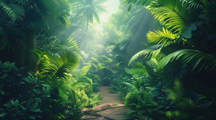 Sunlight filters through dense tropical foliage onto a serene jungle pathway.