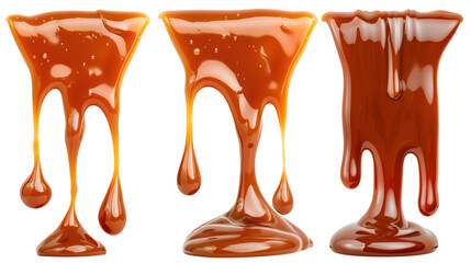 Three stages of caramel sauce dripping down, isolated on transparent. - obrazy, fototapety, plakaty