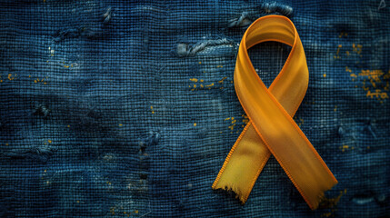 Vibrant Yellow Awareness Ribbon on Textured Denim Fabric.