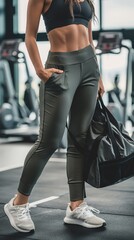 Fit woman in sportswear holding a gym bag in a modern fitness center.
