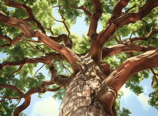 Looking up at a majestic tree with a wide branch spread and lush green leaves.