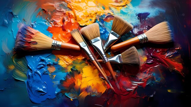 Fototapeta A set of artist paintbrushes with vibrant paints on a palette.