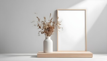 Minimalistic setting with a vase in front of a wall with shadows.