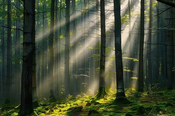 Sunbeams streaming through a dense forest canopy, illuminating the lush greenery below.