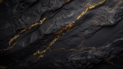 Halloween background of gold, black rock texture with gold veins. Medieval vertical mobile web banner, black stone wall grunge backdrop for copy space by Vita - obrazy, fototapety, plakaty