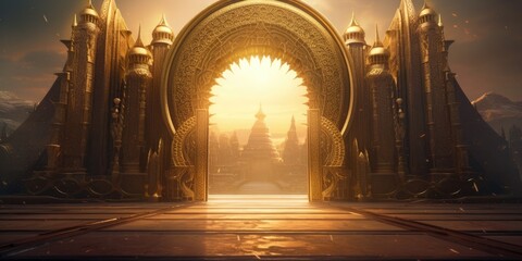 the golden mosque gate emits sparkling light