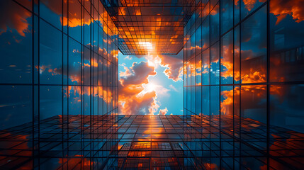 Reflective skyscraper modern architecture building, office buildings. Bottom up view AI Image Generative